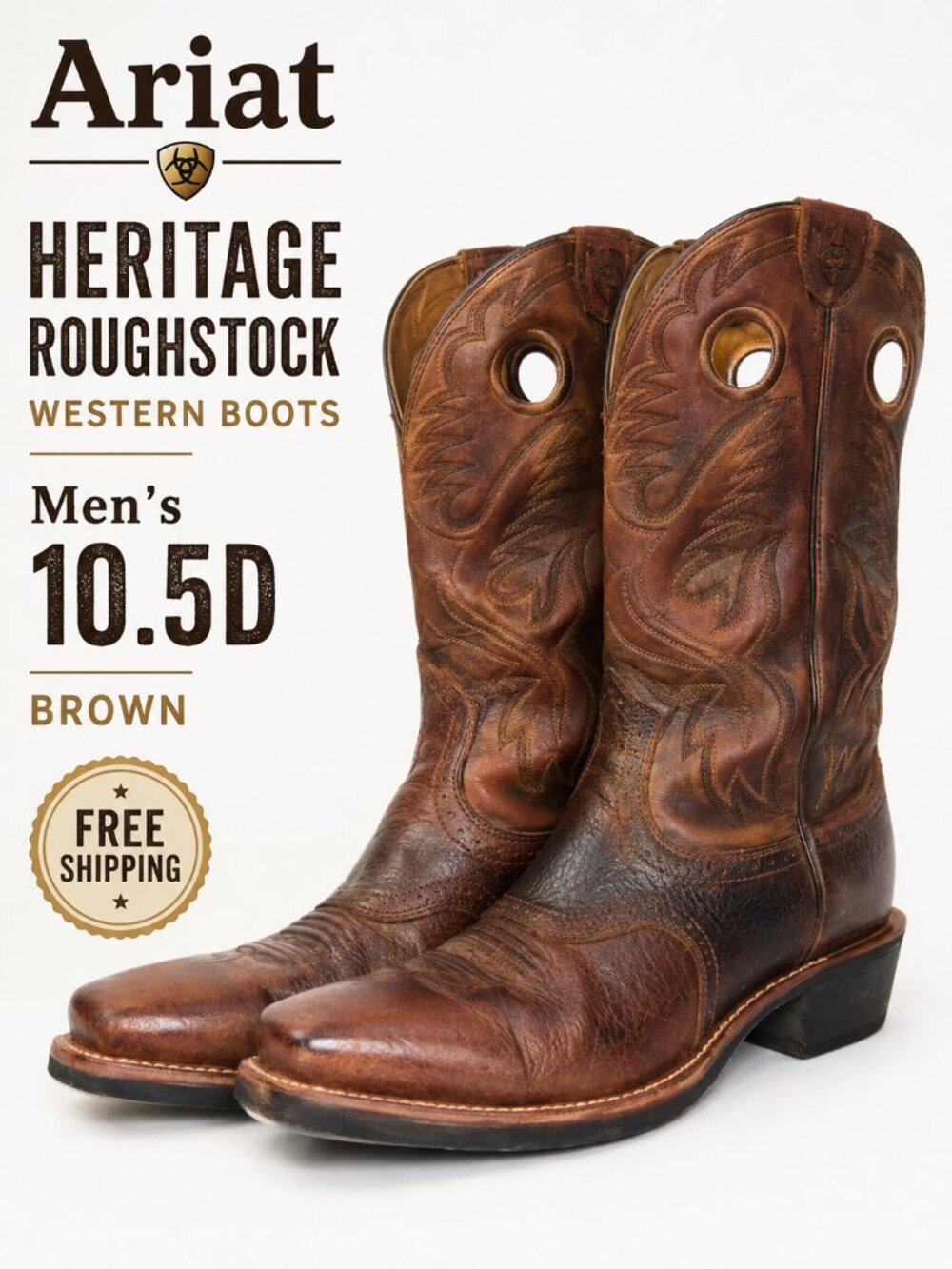 Ariat Heritage Roughstock Western Boots Men 10.5D Brown Square Toe 10002230